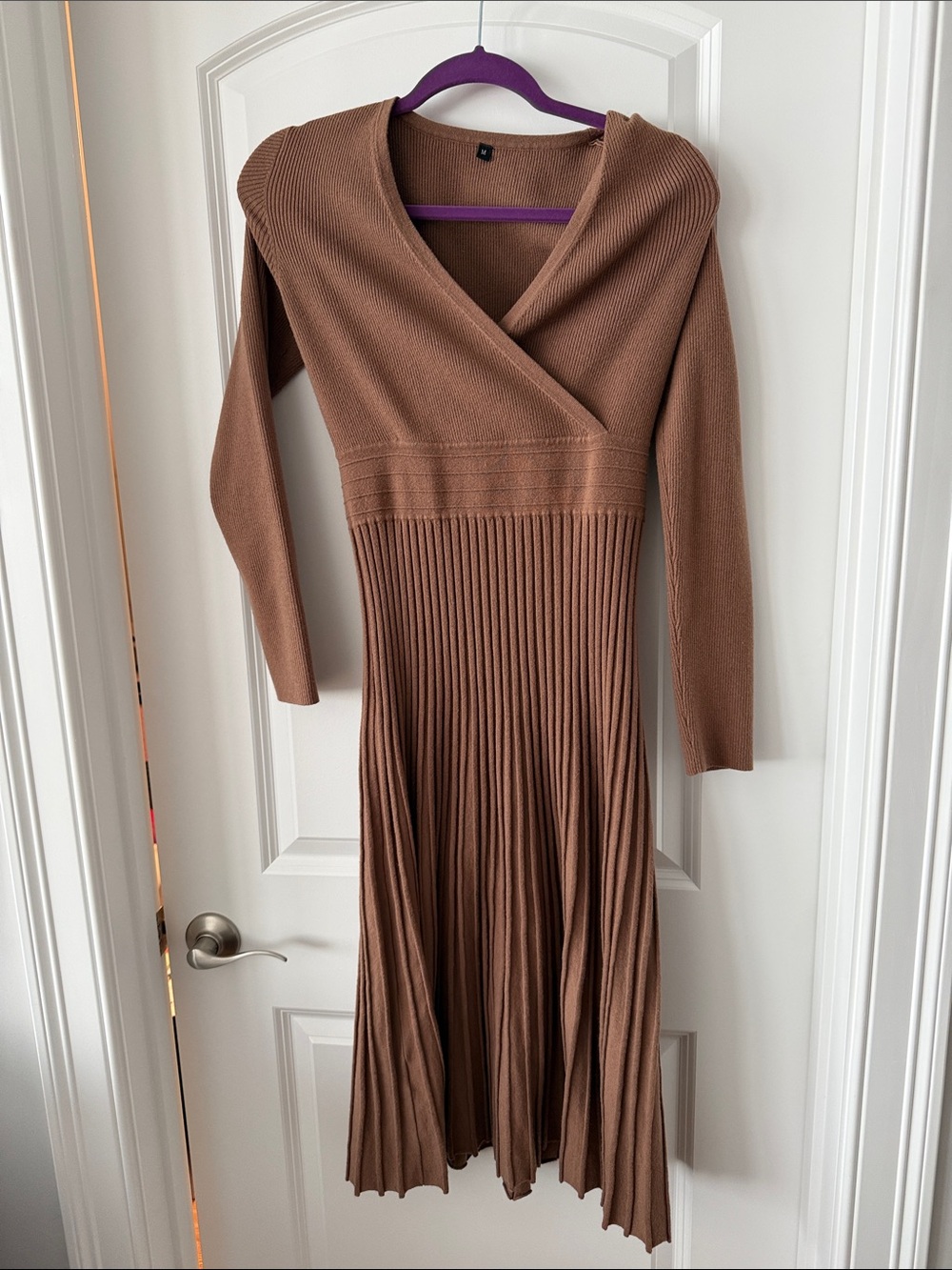 Ribbed Wrap-Style Long Sleeve Dress in Brown